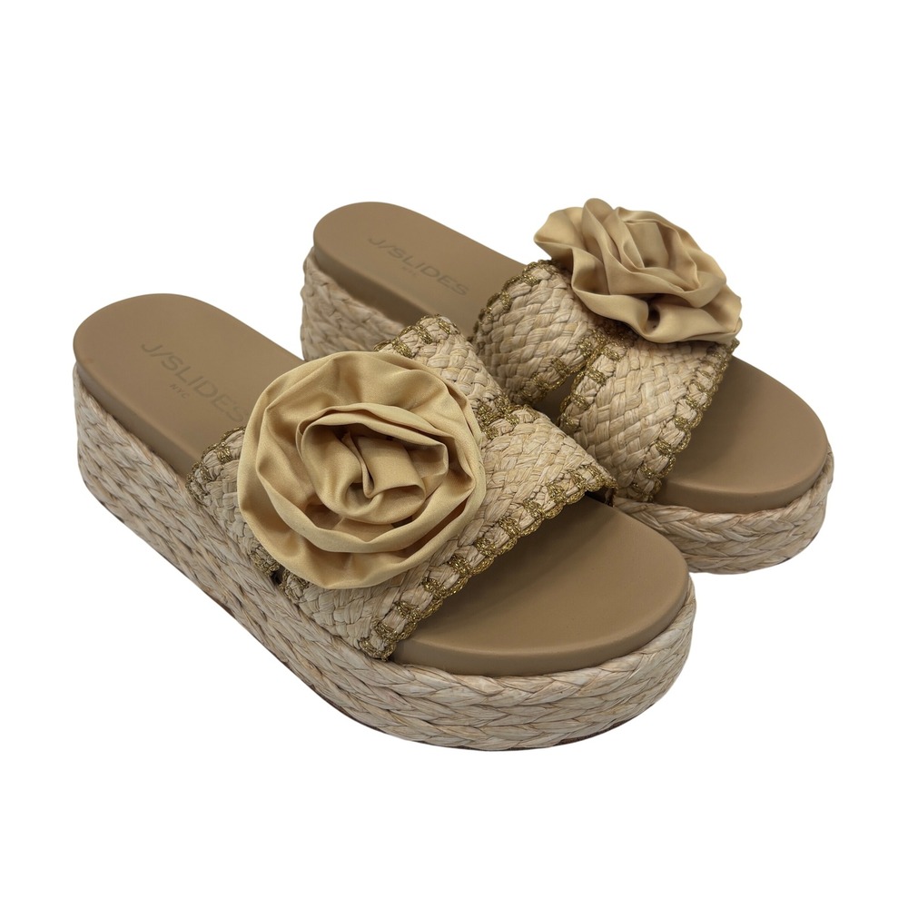 JSlides Tan Bree Rose Raffia Espadrille Platform Wedge Slide Sandals‎ Womens 9